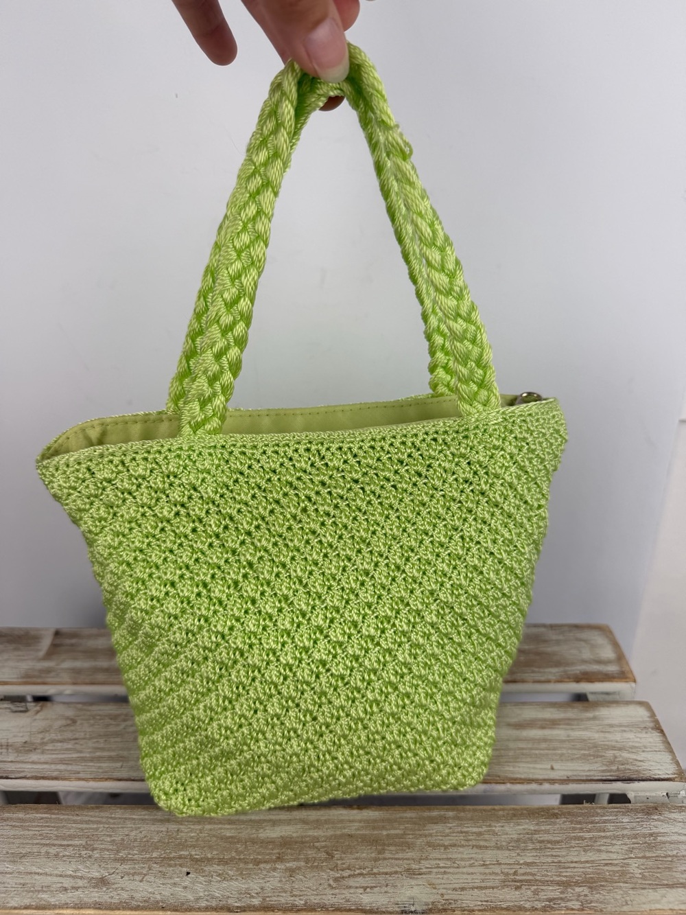 The Sak lime green woven crochet mini tote bag knit texture braided handles